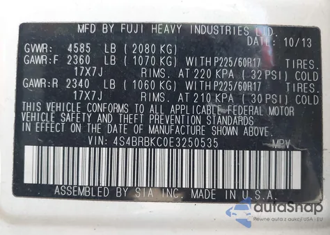 2014 Subaru Outback 2.5I Limited z USA, uszkodzony, nr VIN 4S4BRBKC0E3250535